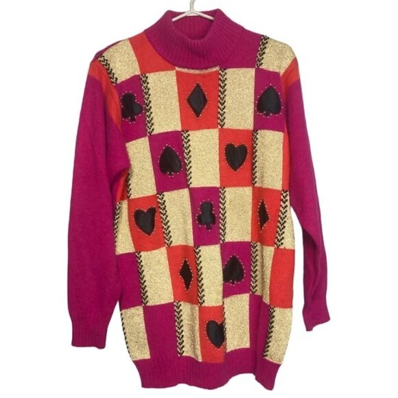 Vintage Wool Angora Patchwork Card Suits Beaded Mock Neck Sweater, size 40 (M/L) - Picture 1 of 10